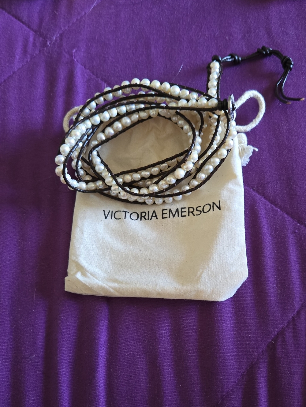 Victoria Emerson Pearl Wrap Bracelet - White Pearls on Black Cord